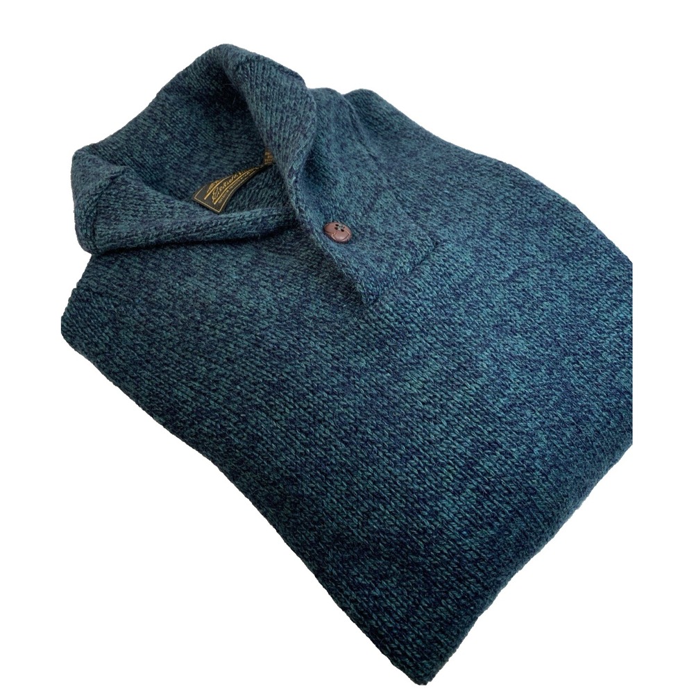 VTG Eddie Bauer Sweater Marled Teal Wool Blend Shawl Collar Men's L Made in USA